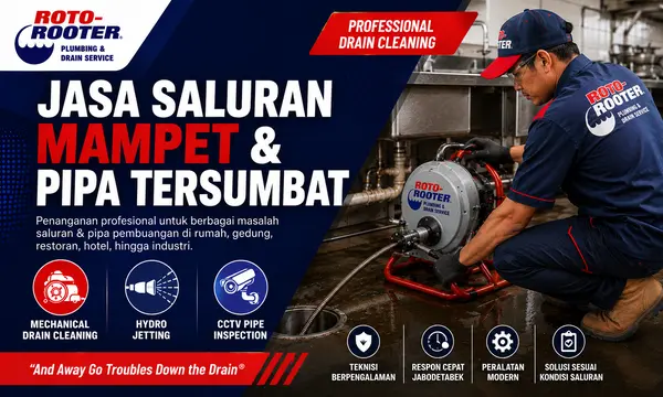 Teknisi Roto-Rooter menangani jasa saluran mampet dan pipa tersumbat dengan mesin drain cleaning profesional