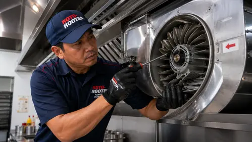 Kenapa Exhaust Fan Berisik & Lemah? Penyebab dan Solusinya 16 Teknisi profesional memeriksa dan membersihkan baling-baling exhaust fan dapur yang kotor dan berisik