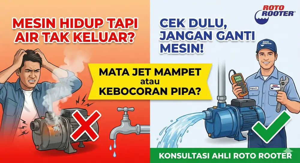 Ilustrasi perbandingan masalah umum jet pump yang mendengung tapi air tidak keluar (kiri) dan solusi perbaikan mata jet atau tusen klep oleh teknisi profesional Roto Rooter (kanan).