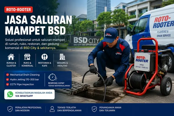 Teknisi Roto-Rooter menangani jasa saluran mampet BSD dengan hydro jetting