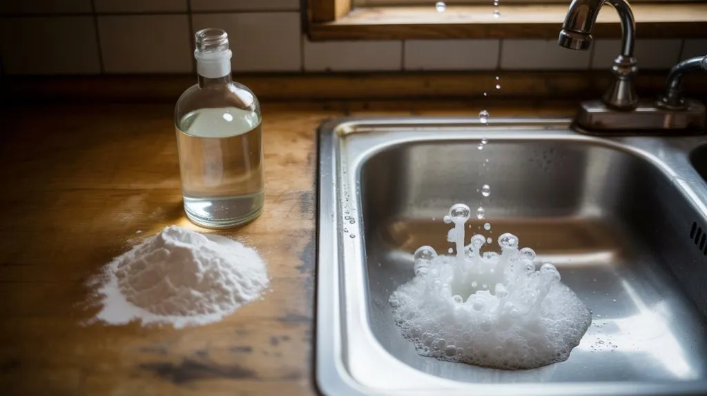 gelas berisi cuka putih dan soda kue dituangkan ke dalam saluran, memperlihatkan reaksi kimia yang membantu melarutkan kotoran