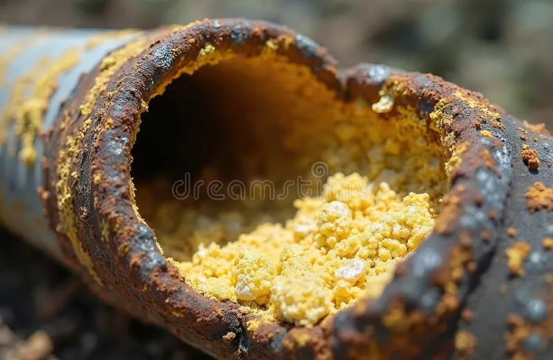 Close‑up pipa saluran dengan lemak dan sabun menempel, ditunjukkan dengan warna kuning dan putih pada dinding pipa
