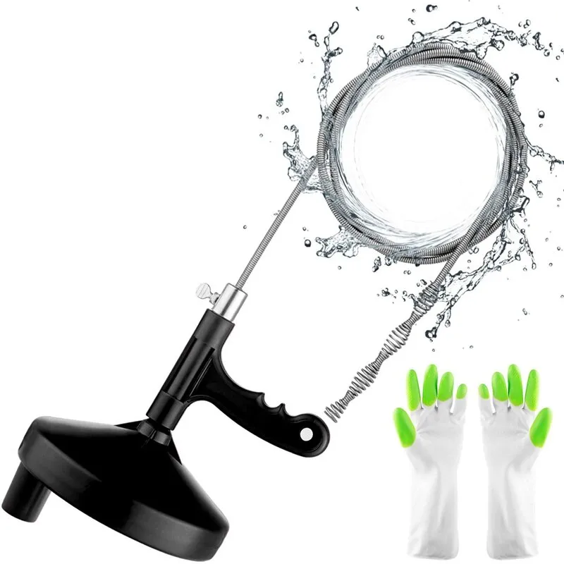 Alat snake atau ular pipa berwarna biru sedang dimasukkan ke dalam saluran, dengan tangan mengendalikan pegangan