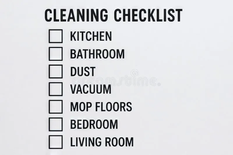 Checklist pemeliharaan saluran gedung dengan simbol ceklist dan peralatan kebersihan