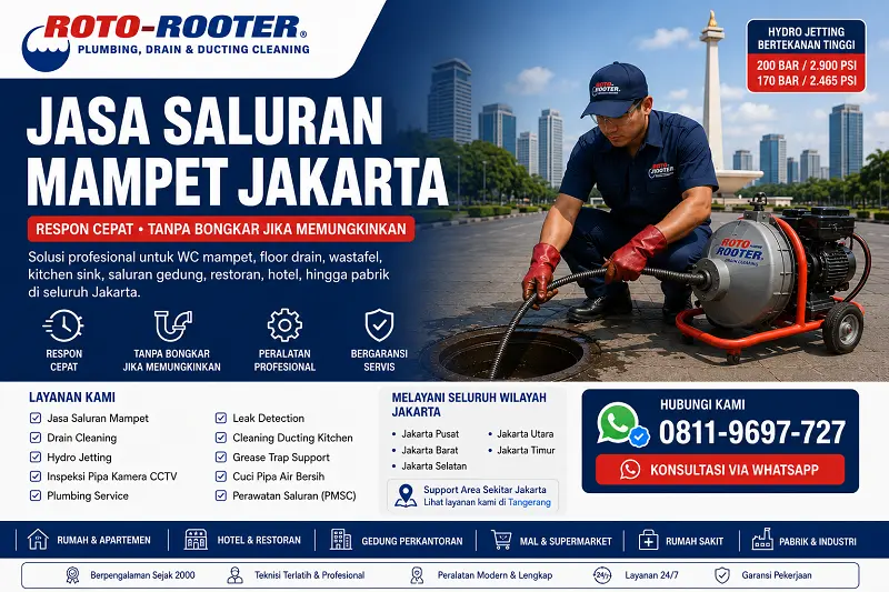 Jasa Saluran Mampet Jakarta 1 Teknisi Roto Rooter menangani saluran mampet di Jakarta dengan mesin pembersih pipa profesional
