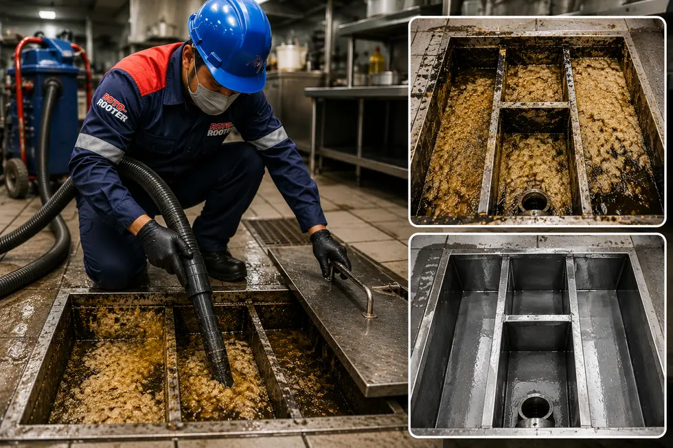 Grease Trap Cleaning 1 Teknisi sedang membersihkan grease trap