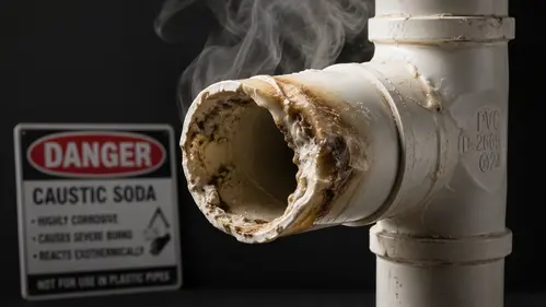 Ilustrasi pipa PVC paralon rusak dan meleleh akibat reaksi panas eksotermik penggunaan soda api untuk saluran mampet