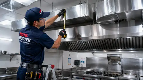 Teknisi Roto-Rooter melakukan instalasi dan pemetaan jalur ducting exhaust fan dapur komersial