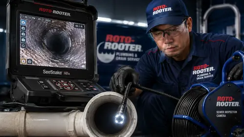 Jasa inspeksi pipa tersumbat dan bocor menggunakan kamera CCTV fleksibel Roto-Rooter tanpa bongkar lantai