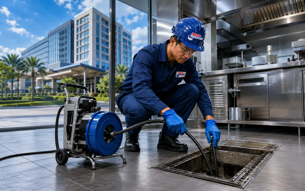 Teknisi Roto-Rooter membersihkan saluran floor drain di area komersial menggunakan mesin drain cleaning profesional