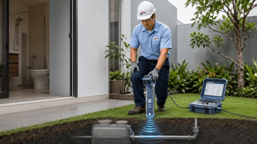 Teknisi Roto-Rooter menggunakan line locator untuk mencari lokasi septic tank tanpa bongkar acak Teknisi Roto-Rooter menggunakan alat line locator untuk mencari lokasi septic tank tanpa bongkar acak