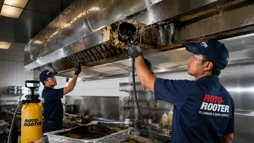 Standar Cleaning Ducting Kitchen Restoran & Hotel | Roto-Rooter 1 Pembersihan kerak minyak dan degreasing saluran ducting kitchen komersial restoran oleh teknisi profesional Roto-Rooter