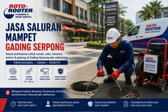 Teknisi Roto-Rooter menangani jasa saluran mampet Tangerang Selatan