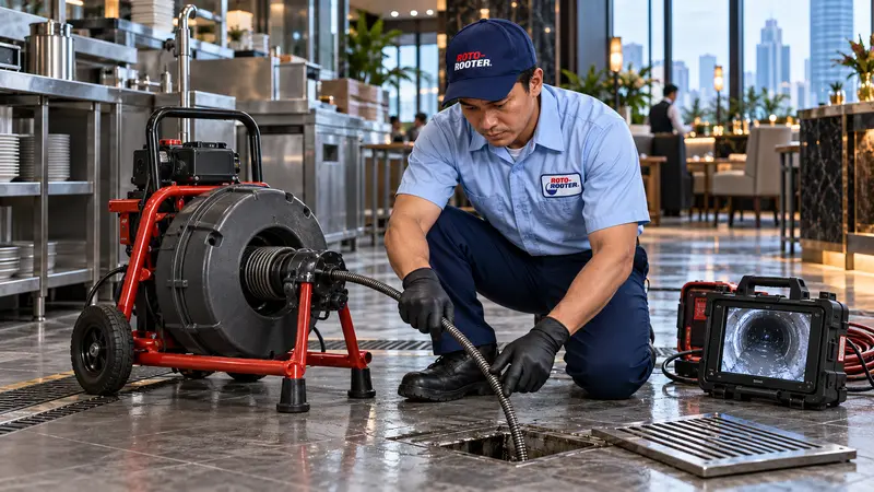 Proses drain cleaning Roto-Rooter untuk menangani saluran mampet di Jakarta