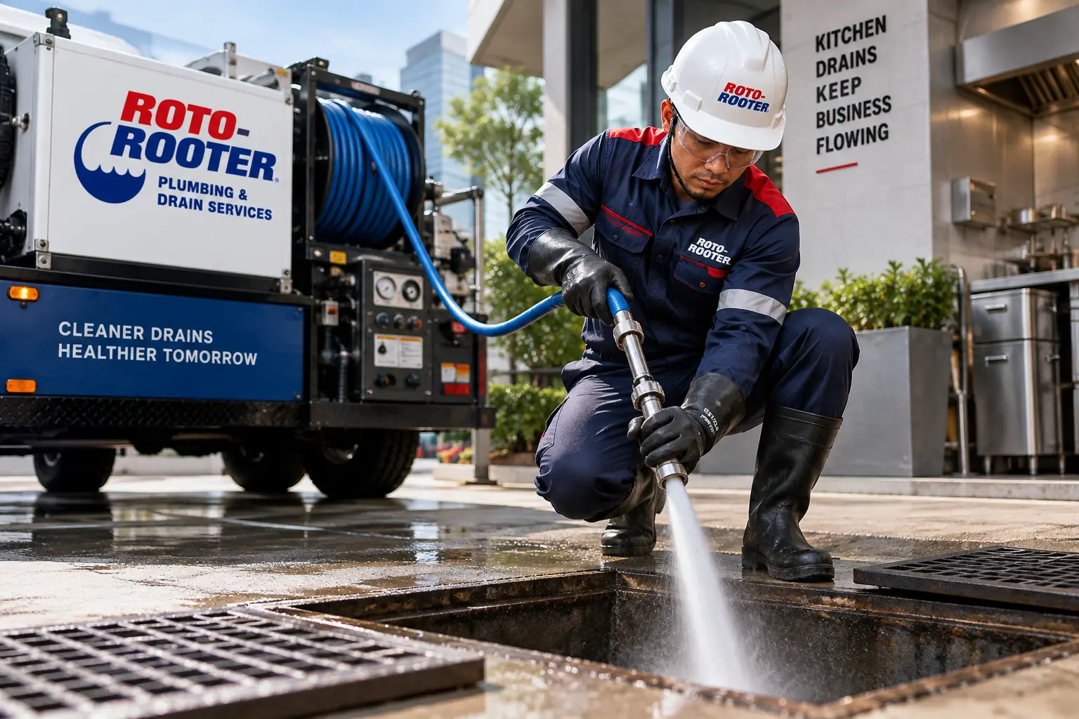 Teknisi Roto-Rooter melakukan hydro jetting untuk membersihkan pipa dan saluran dengan air bertekanan tinggi
