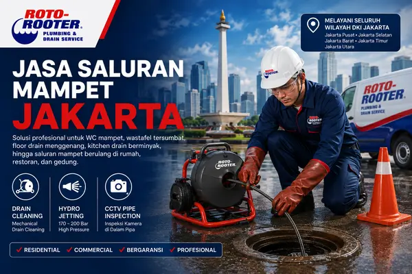 Teknisi Roto-Rooter menangani jasa saluran mampet Jakarta dengan peralatan drain cleaning profesional
