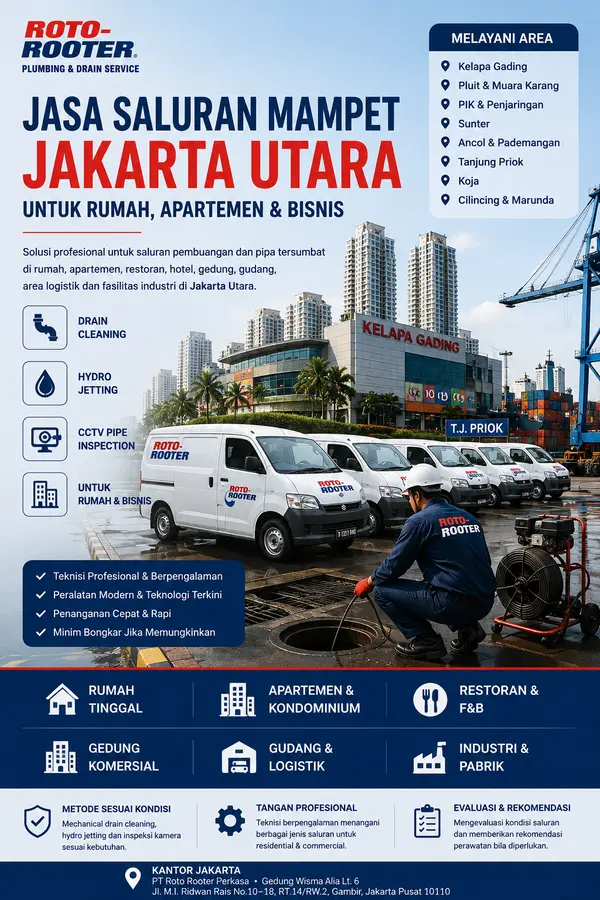 Teknisi Roto-Rooter menangani jasa saluran mampet Jakarta Utara dengan peralatan drain cleaning profesional