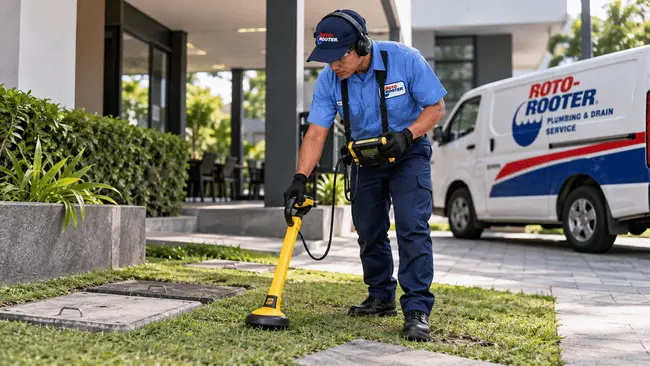 Teknisi Roto-Rooter menggunakan line locator untuk membantu mencari lokasi septic tank dan jalur pipa
