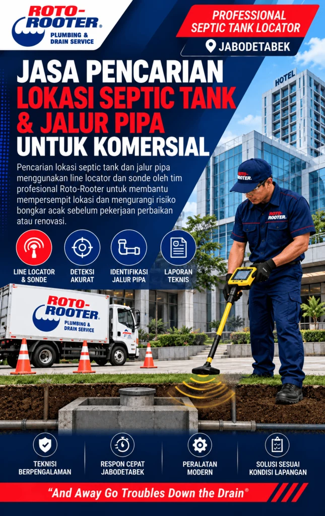 Teknisi Roto-Rooter menggunakan line locator untuk membantu mencari lokasi septic tank dan jalur pipa