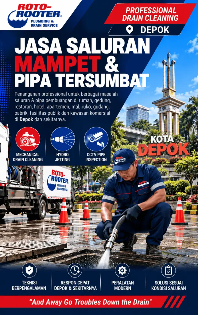 Teknisi Roto-Rooter menangani jasa saluran mampet Depok