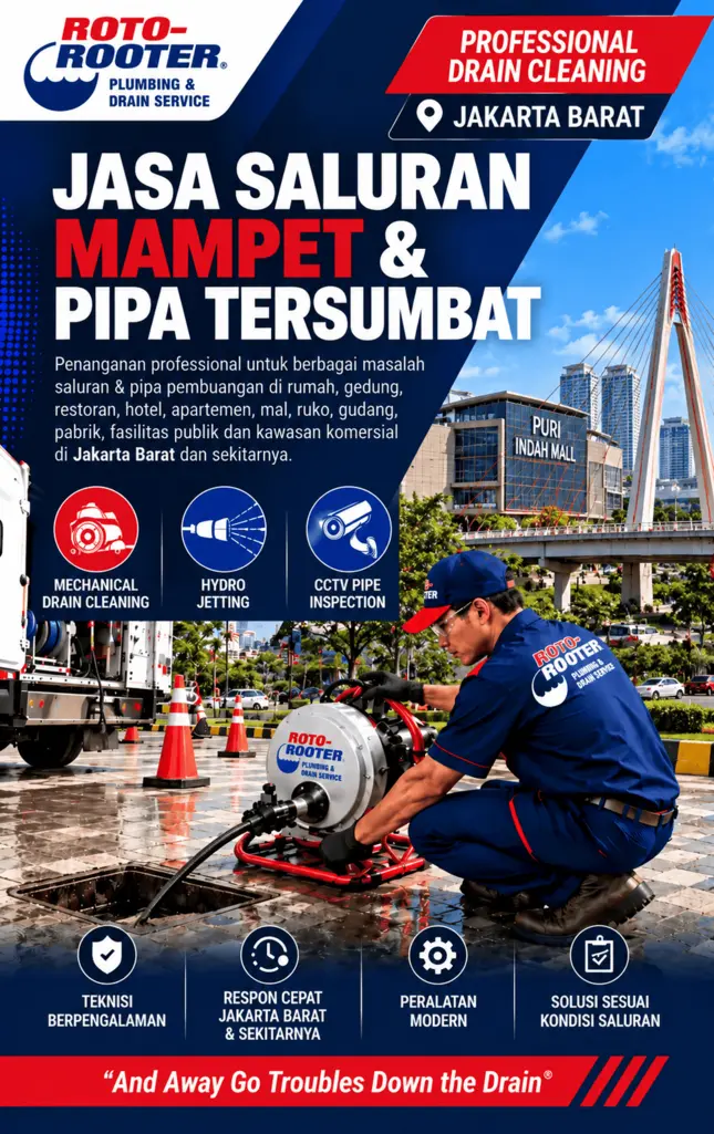 Teknisi Roto-Rooter menangani jasa saluran mampet Jakarta Barat