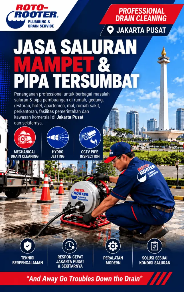 Teknisi Roto-Rooter menangani jasa saluran mampet Jakarta Pusat