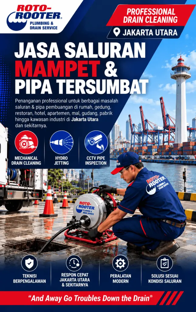 Teknisi Roto-Rooter menangani jasa saluran mampet Jakarta Utara