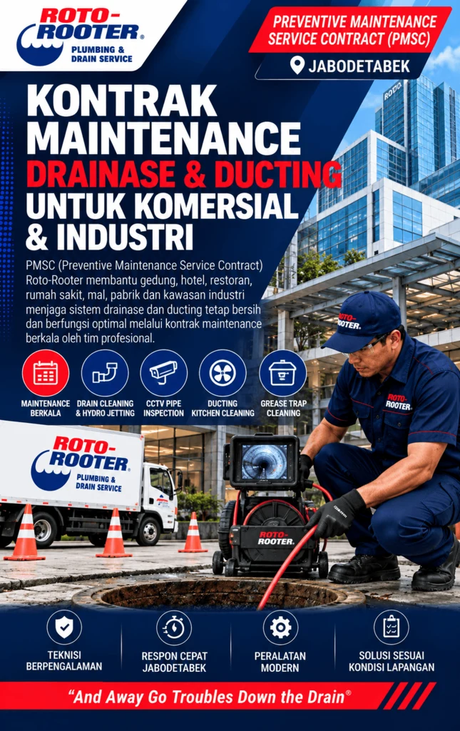 Kontrak Maintenance Drainase & Ducting untuk Bisnis 1 Teknisi Roto-Rooter melakukan maintenance drainase untuk fasilitas komersial