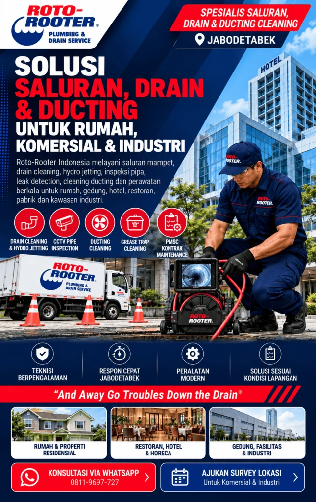 Teknisi Roto-Rooter melakukan pembersihan saluran menggunakan peralatan profesional